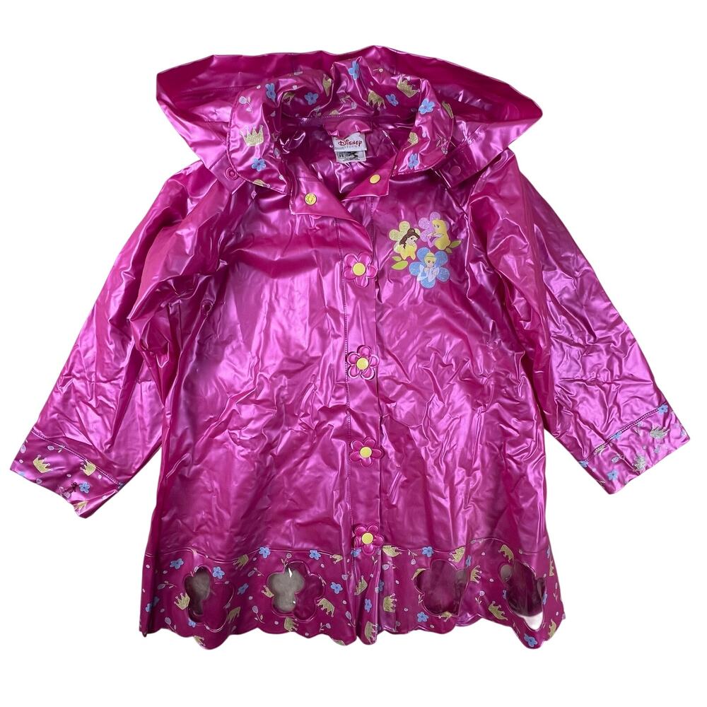 Vintage Y2K Disney Store Princess Pink Vinyl Raincoat Hood Belle Cinderella S/M